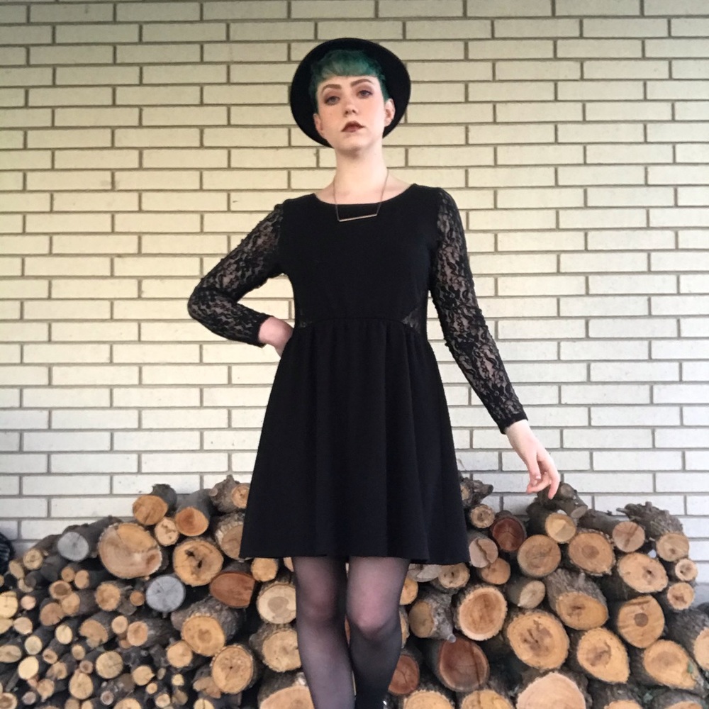 Black lace cut out dress with long lace sleeves
